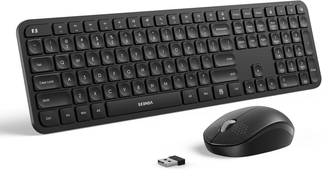 Wireless Keyboard and Mouse Combo - seenda Full Size 2.4G USB Wireless Keyboard Mouse Set, Quiet Cordless Computer Keyboard Mouse for Windows, Laptop, PC - Black