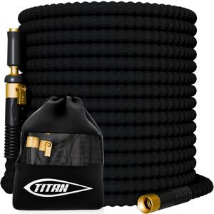 TITAN 50 ft Garden Hose Lightweight Flexible Water Hose, Kink-Free Non-Expanding, High Flow, Solid Brass Fittings, Leak-Proof with Nozzle