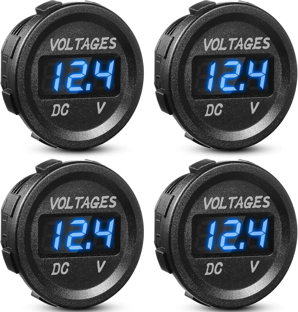 Frienda 4 Pieces DC 12V Car Voltage Gauge LED Display Waterproof Voltmeter Digital Round Panel Voltmeter Compatible with Vehicle Motorcycle Truck Camper Caravan ATV UTV Car Boat (Blue)