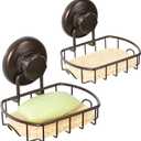 HASKO 2 Pack Suction Cup Soap Dish for Shower Wall, Rustproof Stainless Steel, Shower Soap Holder with Hooks, Includes Optional No Drill Adhesive Mount for Bathroom, 2 Soap Savers, Bronze