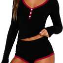 RUEWEY Womens Ribbed Knit Pajama Sets Long Sleeve Top and Shorts Matching Lounge Set PJ Set 2 Piece Outfits (Small)