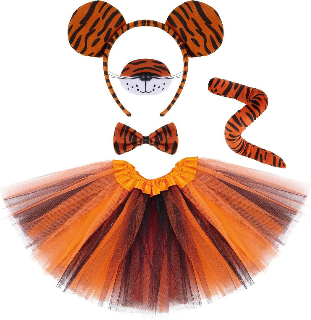 5 Pieces Tiger Costume Set Tiger Ear Headband Nose Tail Bow Tie Tutu Skirt Animal Costume Accessories for Halloween Carnival
