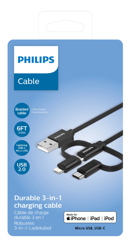 Philips 3-in-1 USB Black Charging Cable - 6 ft