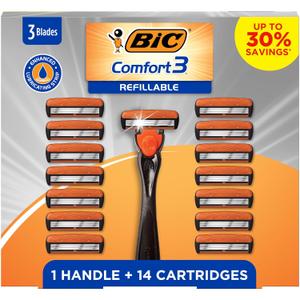 BIC Comfort 3 Refillable Men's Razor, Perfect for Mens Razors for Shaving with 3 Blade Razors, Razor Gift Set with 1 Handle and 14 Cartridges