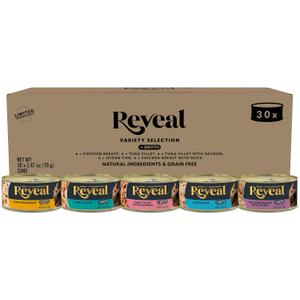Reveal Natural Wet Cat Food, 30 Count, Grain Free, Limited Ingredient Canned Food for Cats, Fish and Chicken Variety in Broth, 2.47 oz Cans (EXP 06/22/29)