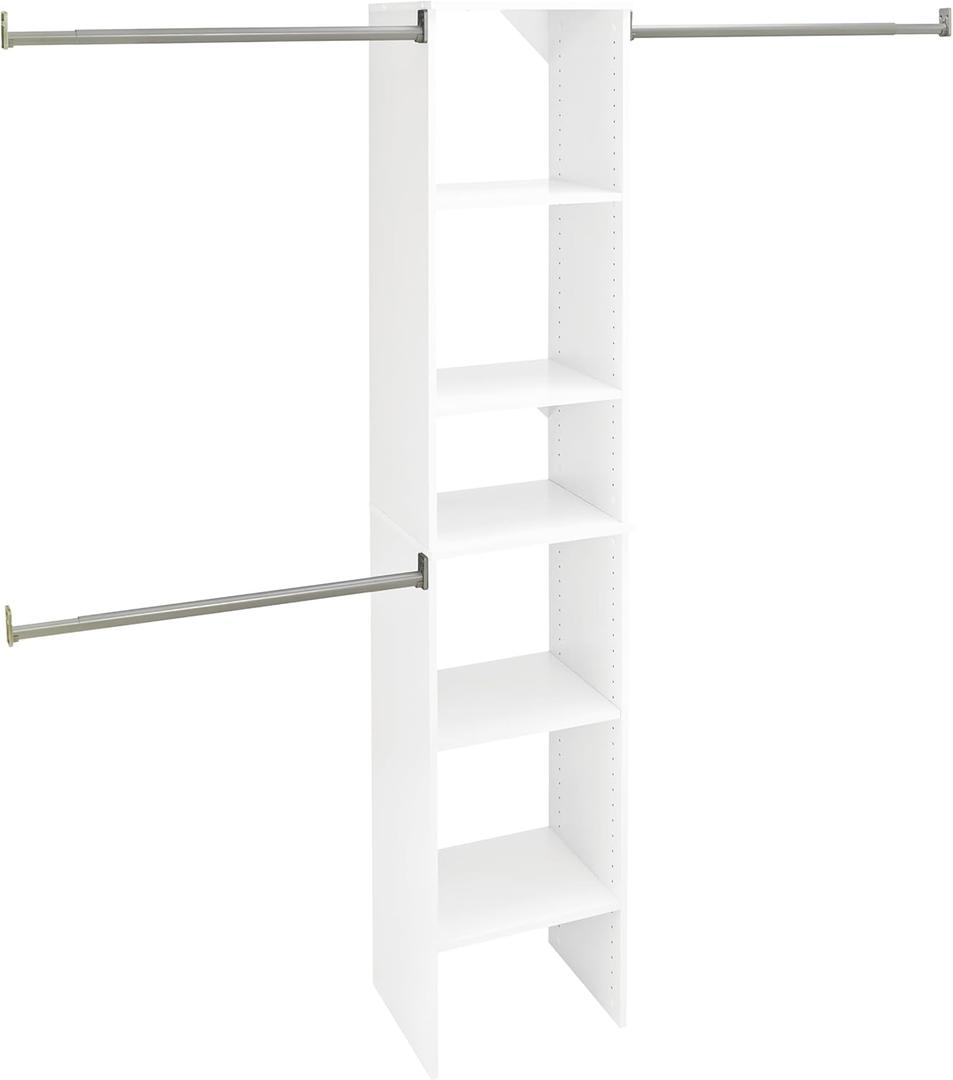 ClosetMaid SuiteSymphony Wood Closet Organizer Starter Kit with Tower and 3 Hang Rods, Shelves, Adjustable, Fits Spaces 4  9 ft. Wide, Engineered Wood, Pure White, 16"