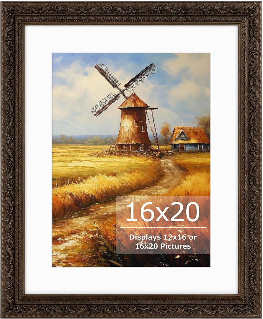 16x20 Picture Frame With White Mat, Ornate Vintage Finish, Dark Brown | Wall Frame 16 x 20 or Matted to 12x16 Photo, Photo Frame With Plexiglass for Wall Display