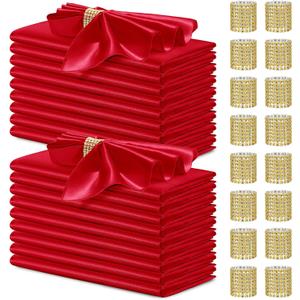 40 Pack Satin Napkins and Napkin Rings Set of 20 Red Satin Table Napkins 17 x 17 Inch, 20Pcs Silky Cloth Napkins for Wedding Party Banquets Dinner
