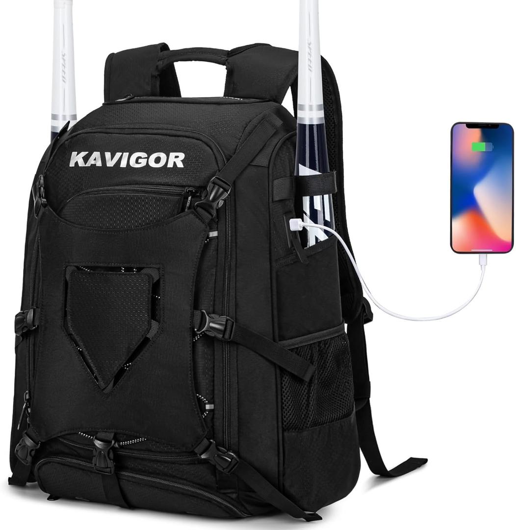 Baseball Bag for Youth and Adult, Softball Backpack 50L Large Capacity, Equipment Backpack with Laptop Compartment and Charge Port (Black)