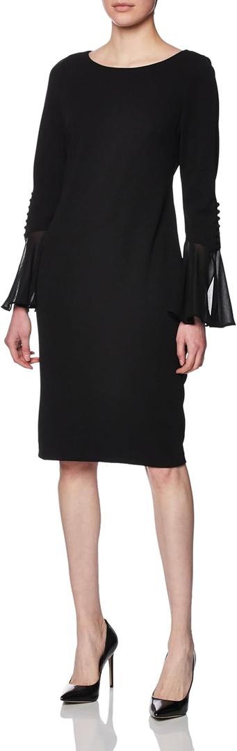 Calvin Klein Women's Chiffon Bell Sleeve Sheath Dress (4, Black)