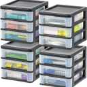 IRIS USA Plastic Stacking Desk Top 3-Drawer Storage Organizer, 4-Pack, for Makeup Vanity Nail Polish Bathroom Stationery Art Craft Supplies Kitchen Office Garage and Small Organization, Small, Black