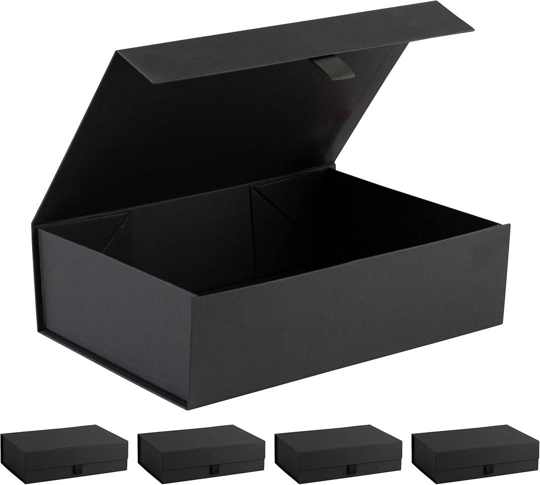 Purple Q Crafts Black Ribbed Hard Gift Box With Magnetic Closure Lid 14" x 9" x 4" Rectangle Favor Boxes With Classy Black Finish (5 Boxes)