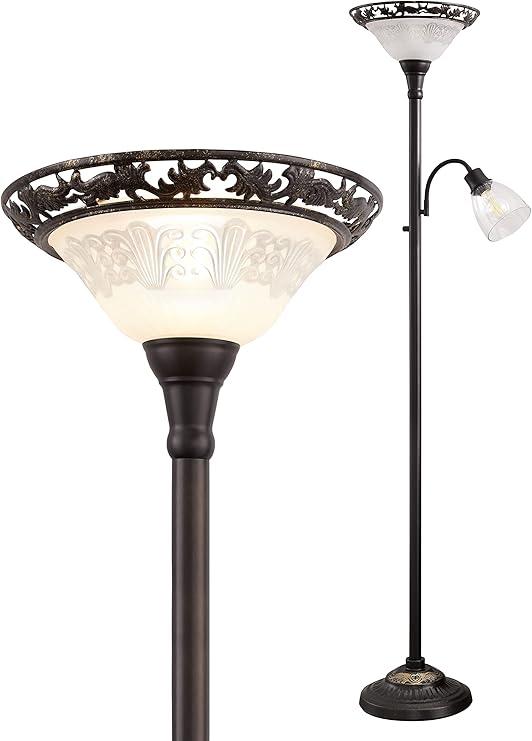 Torchiere Floor Lamps for Living Room, 71" Tall Standing Lamp with Thick Glass Shade, Metal Pole & Heavy Base, Vintage Corner Lamp with Reading Light Home Decor for Bedroom Office, 3CCT Bulb Included