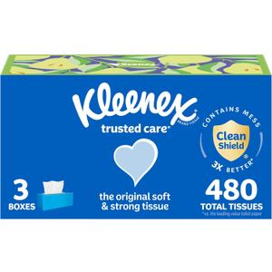 Kleenex Trusted Care Facial Tissues, 3 Flat Boxes, 160 Tissues per Box, 2-Ply (480 Total), Packaging May Vary (White)