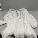 LAI MENG FIVE CATS Women's V-Neck Elegant Lace Long Sleeve Lantern Sleeve Button up Casual Mini Dress (Medium, White)