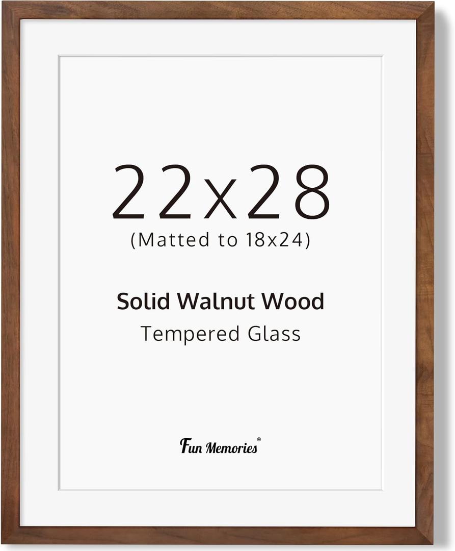 22x28 Picture Frame, 22 x 28 Poster Frame, Solid Walnut Wood & Tempered Real Glass, 22"x28" Wood Frame for Wall, Wooden 22 by 28 Frame for Home Decor, Large 22x28 Inch Art Frame, 1 Pack