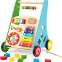 HONEY JOY Baby Push Walker, Wooden Infant Walker Activity Center with Shape Sorter, Develop Motor Skills & Creativity, Push Toys for Babies Learning to Walk, Gift for Boys and Girls, Colorful