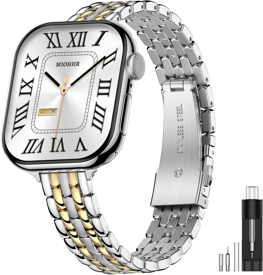 MioHHR Slim Metal Bands Compatible with Apple Watch Bands for Women 38mm 40mm 41mm 42mm (Series 11 10), Stainless Steel Strap Bands for iWatch Series 11 10 9 8 7 6 5 4 3 2 1 SE3/2/1, Silver/Gold