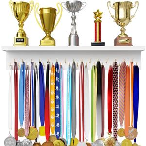 EVERMORE Medal Display Hanger with Shelf, White 24 inches, Trophy Display Rack, 32 Gold Hooks, Wall Mounted, Sports Award Organizer