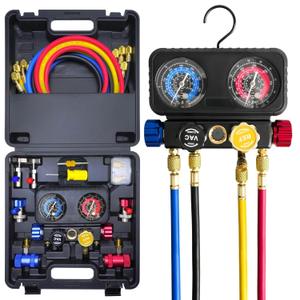 CALPOSE R1234yf AC Gauge Set, 4 Way AC Manifold Gauge Set for R1234yf R134a R404a Refrigerant, 4 Valve Manifold Gauge Set with 5FT HosesAnti-Collision Dials Provide More Accurate Reading