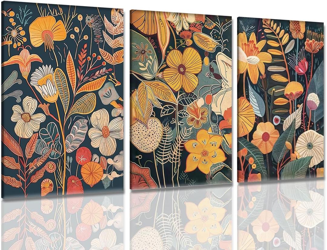 Framed Orange Floral Wall Art Set of 3, Mid Century Modern Pictures Wall Decor, Colorful Boho Canvas Prints, Abstract Flowers Paintings, Botanical Artwork for Living Room Bedroom 16X24 inch