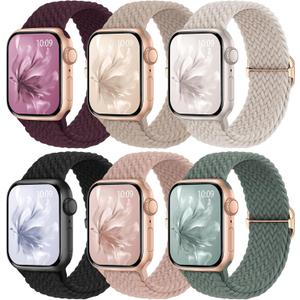 5Pack Braided Stretchy Bands Compatible with Apple Watch Band 38mm 40mm 41mm 42mm  Women Men, Adjustable Nylon Solo Loop Elastic Straps for iWatch Series 11 10 9 8 7 6 5 4 SE Ultra (Starlight/Cactus/Nude Pink/Milk Tea/Dark Cherry/Black)