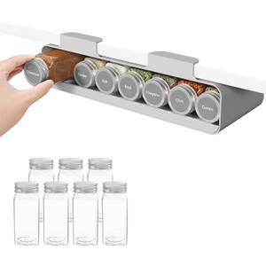 Lifewit Under Cabinet Spice Rack Organizer with 7 Jars, Lables, Under Shelf, Easy Refilling with Silicone Funnel, Seasoning Organizer for Kitchen Storage Solution, Gray