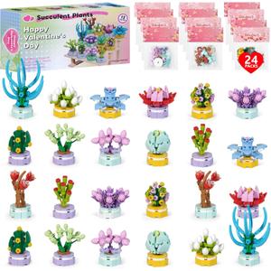 Nuokin 24Pcs Valentine's Day Party Favor Gifts Goodie Bag Succulent Plant Building Block Set Succulent Bonsai Plant Home/Office Decoration Building Blocks Exchange Gifts