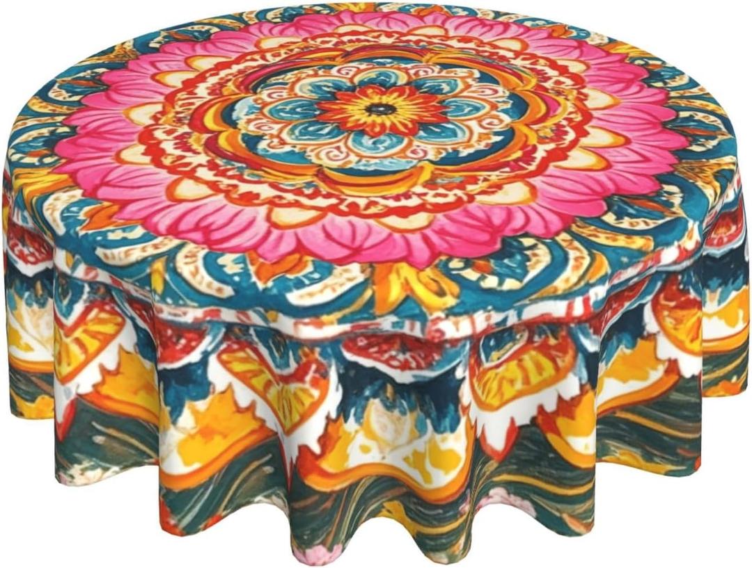 Mandala Floral Tablecloth Spring Summer Round Table Cover Washable Table Cloth for Home Kitchen Party Picnic 60 Inch