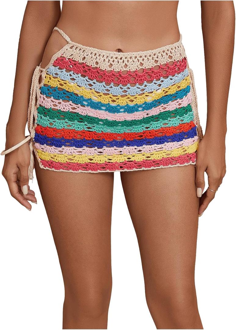 Milumia Women's Crochet Hollow Out Cover Up Skirt, Criss Cross Sheer Beach Mini Skirt Swimsuits, M