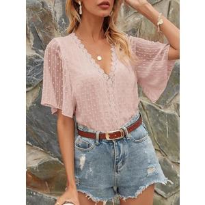 Women's Summer Tops Chiffon V Neck Flare Sleeve Shirts Polka Dot Blouses Dressy Ladies Tunic, XXL