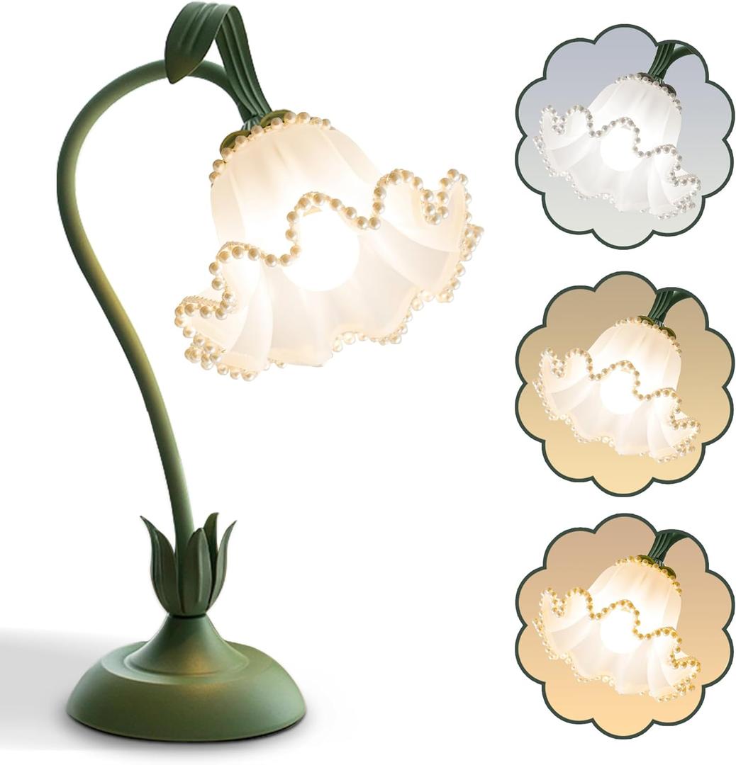 AQDZCNF Flower Table Lamp,LED Reading Light Bedside Vintage Flower Night Light,3 Colors Modes Kawaii Bedside Lamps Decor,Living Room Bedroom Room Lighting Table Lamps Home Decoration (Green Pearls)