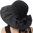 Womens Beach Sun Hat UPF 80+ Summer Outdoor Protection Foldable Wide Brim Bucket Hat Decorative Bow (Black)