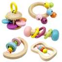 Wooden Baby Rattle, Organic Colorful Baby Rattles Set, Toddler Hand Wooden Rattles Toy Set for Infant Grasping, Sensory Development, Gift for Baby Boys Girls (5pcs-2)
