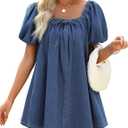 Denim Dress for Women, Puff Short Sleeve Jean Dress Square Neck Denim Romper with Pockets (X-Small)