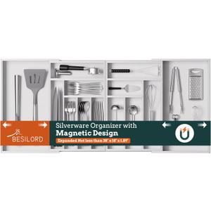 Silverware Organizer Large, Magnetic Connected Expandable 13 Slots Silverware Drawer Organizer from 21 to 37.4 Inches, Adjustable Flatware and Cutlery Holder, Bamboo Utensil Tray for Kitchen White