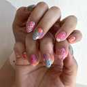 Cute Colorful Flower Press on Nails Short Oval Fake Nails Glossy Acrylic Glue on Nails Reusable Full Cover Artificial Nails for Women