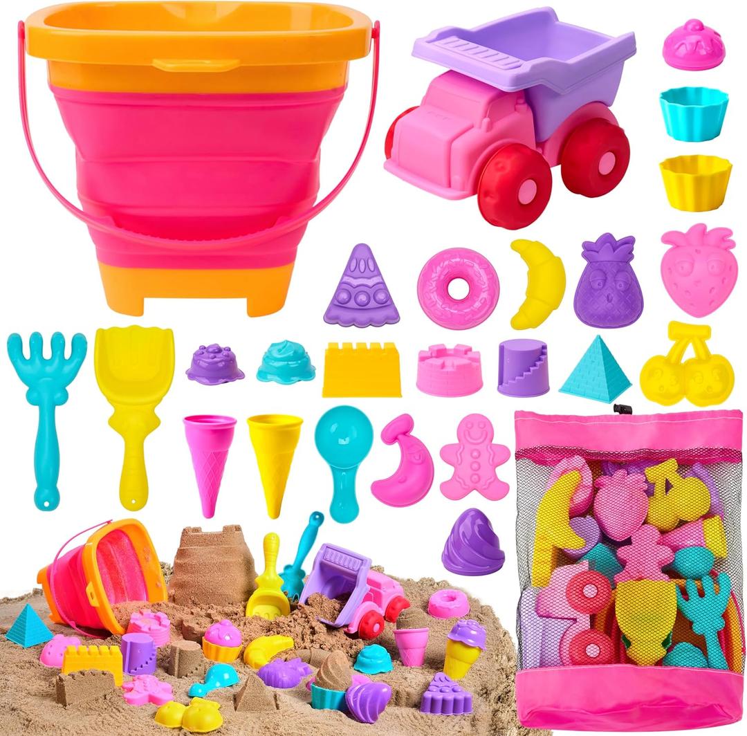 Sloosh Beach Sand Toys Set - Pink Dump Truck Car Toy with Sand Molds, Collapsible Buckets Mesh Bag Shovels Castle Ice Cream Mold for Ages Kids Toddlers Sandbox Toys Gifts Travel Vacation (Foods)