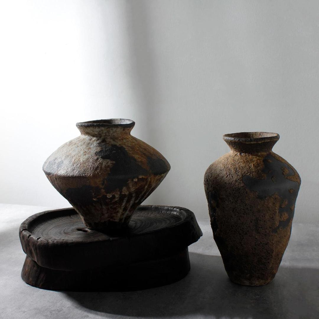 Rusty Ceramic Vase, Pottery Farmhouse Flower Vase for Centerpieces, Wabi Sabi Decorative Vase for Table, Living Room, Bedroom, Bathroom (Rust-short & tall)