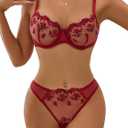Lilosy Sexy Floral Embroidered Flower Mesh Underwire Push Up Lingerie Set (XL,Burgundy Red)