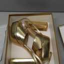 Elisabet Tang Chunky Heeled Platform Sandals for Women,4.7 Inch Block Heels with Open Toe Ankle Strap, Dress Shoes for Wedding Party Homecoming Travel Gold Size 7.5