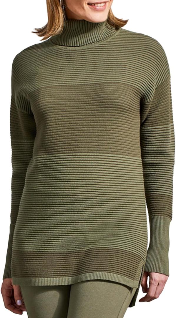 Tribal Women's Turtleneck Two-Tone Ottoman Knit Sweater with High-Low Hem (Large, Clover Leaf)