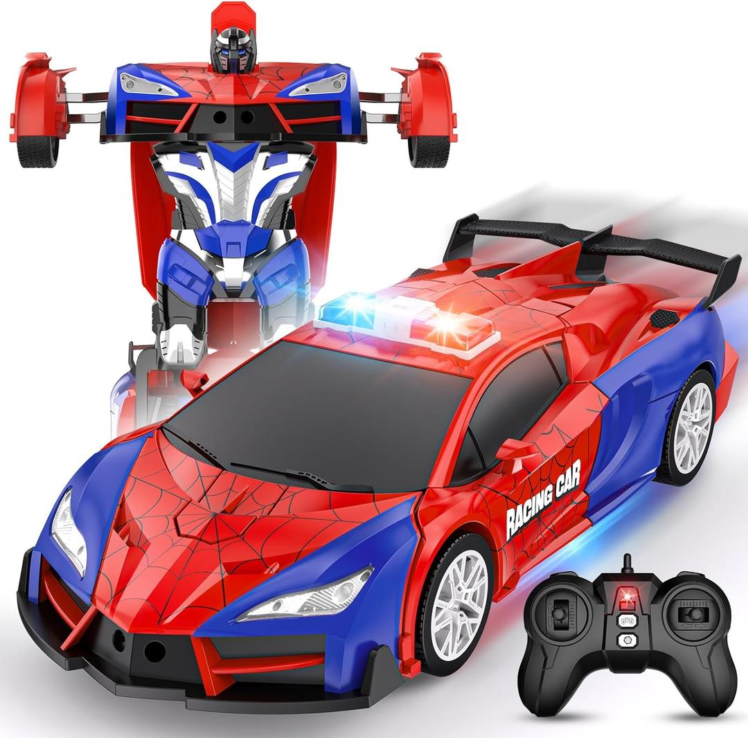 Remote Control Car for Boys 8-12 4-7, 2.4GHz RC Car 1:18 Scale, One-Button Transforming Toy with 360 Spins, LED Lights (Red)