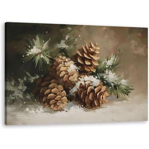 TLESKE Rustic Winter Pine Cones Pinecones Wall Art Decor, Vintage Christmas Canvas Wall Art Print for Farmhouse Bedroom Living Room, Aesthetic Winter Wall Artwork Picture, 16x24