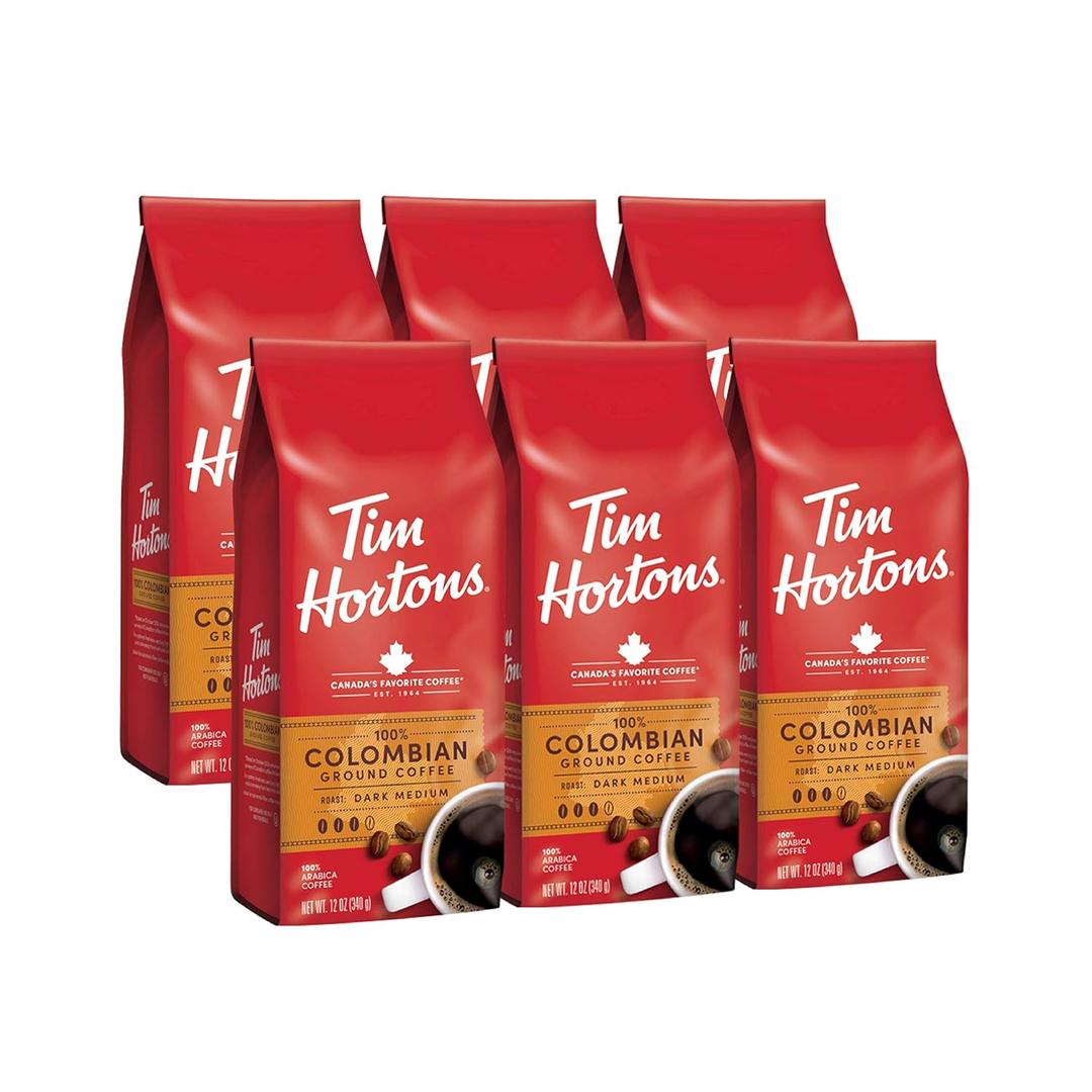 Tim Hortons Colombian, Medium-Dark Roast Ground Coffee, Perfectly Balanced, Always Smooth, Made with 100% Arabica Beans, 12 Ounce (Pack of 6), BBD 2026 November 01