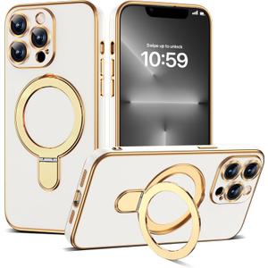 Compatible with iPhone 13 Pro Max Case with Magnetic Ring Stand [Compatible with Mag-Safe] Full Camera Lens Protector Soft Plating Shockproof Phone Case for iPhone 13 Pro Max 6.7", White