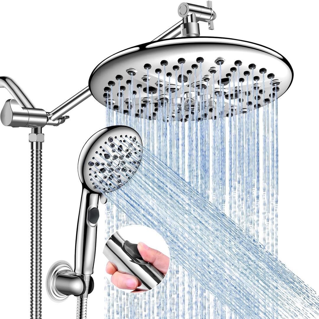 FEELSO 10" High Pressure Shower Head Combo with Handheld Spray, 16 Settings, 11" Adjustable Arm, ON/OFF Pause Switch (Chrome)