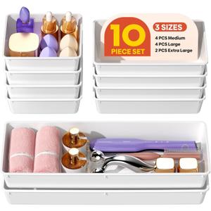 10 Pack Large Size Plastic Drawer Organizers Set, 3 Sizes Desk Drawer Organizer Trays, Storage Bins for Vanity, Makeup, Bathroom, Kitchen Utensils and Office (White)