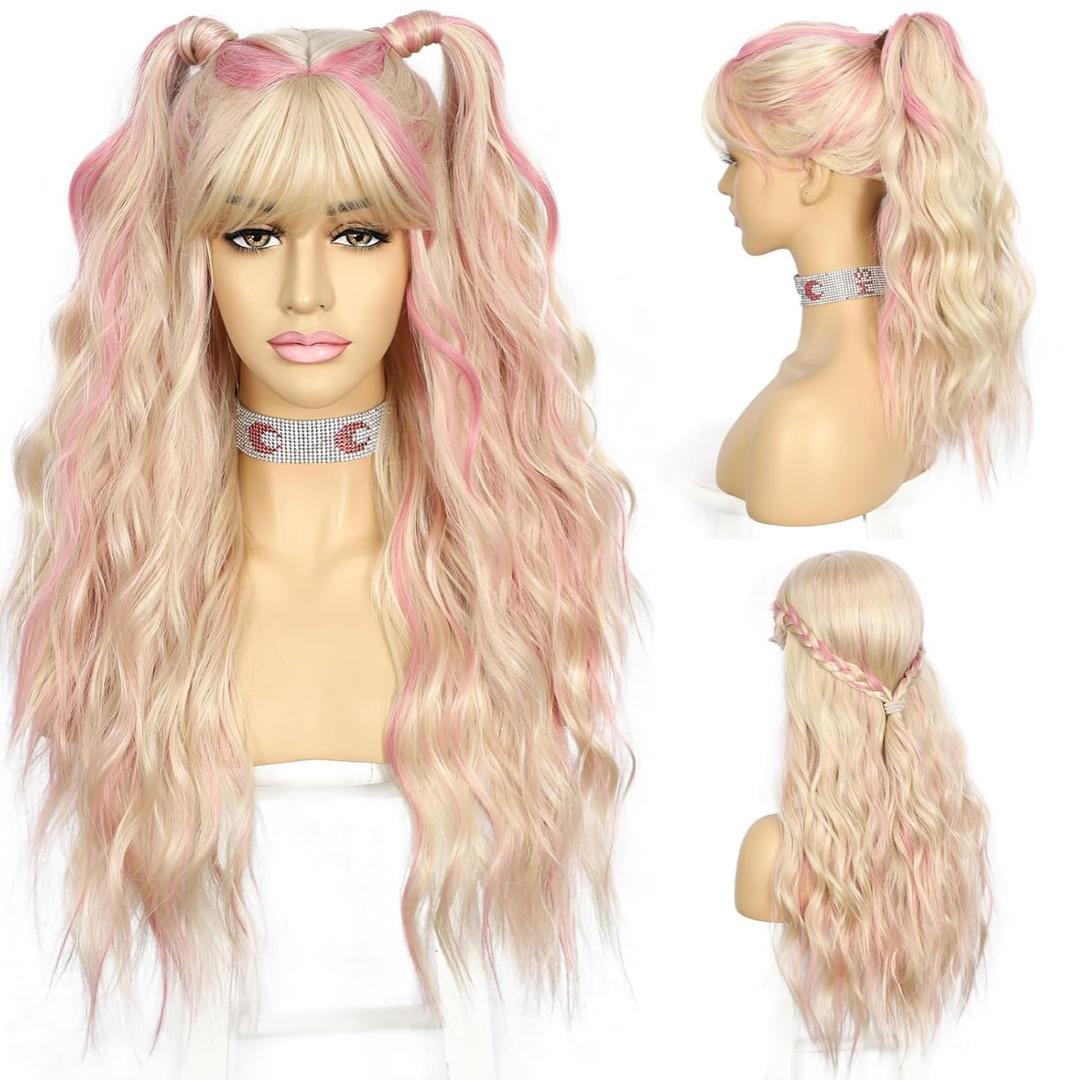 SAPPHIREWIGS Blonde Wig with Bangs Long Loose Wavy Wig Highlight Pink Hair Synthetic Heat Resistant Fiber Hair for Women Daily Party Use 26inch