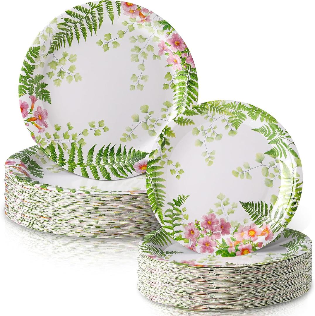 Funnymoom 48 Pcs Fern Garden Plates Set Include 9 Inch and 7 Inch Spring Watercolor Disposable Plates Summer Decorative Dinner Birthday Party Tableware for Baby Shower Party Supplies